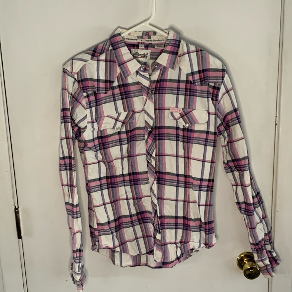Cowgirl Hardware pink, white, lavender and grey western long sleeve shirt